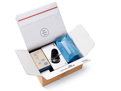 
			Open cardboard box with protective air cushions