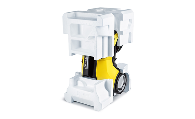 A cleaning appliance with customized protective packaging in white